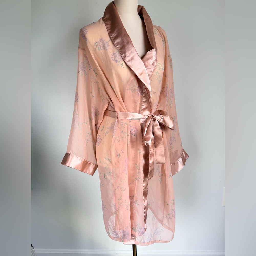 Vintage Valerie Stevens Light Pink Satin-Trim Floral Robe size Large